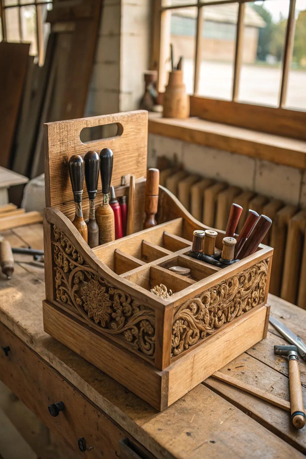 Elevate your workshop with rustic charm: repurposed wine crates for tool storage.