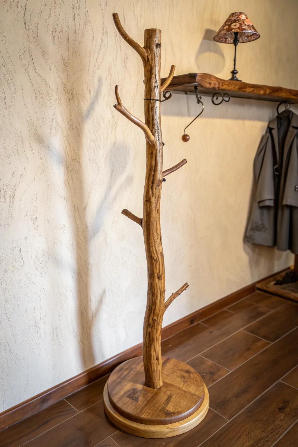 Elevate your entryway with a handcrafted wooden coat rack that marries function with natural beauty.