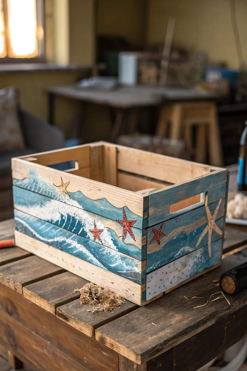 Bring the ocean home with this stunning seascape-inspired wooden crate.