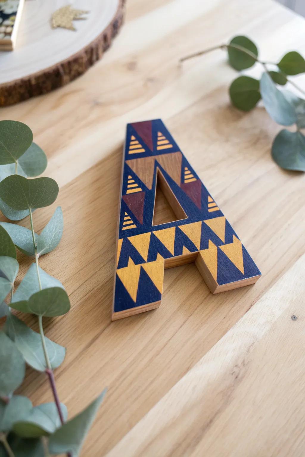 Elevate your space with bold stencil designs on wooden letters, adding a touch of modern elegance and natural beauty.