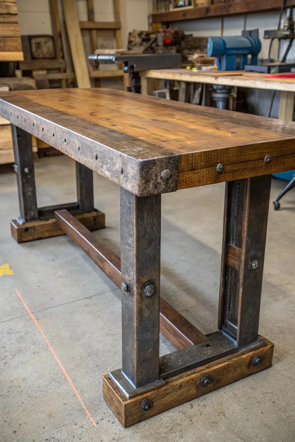 Industrial Elegance: A Workbench with a Reclaimed Metal Base.
