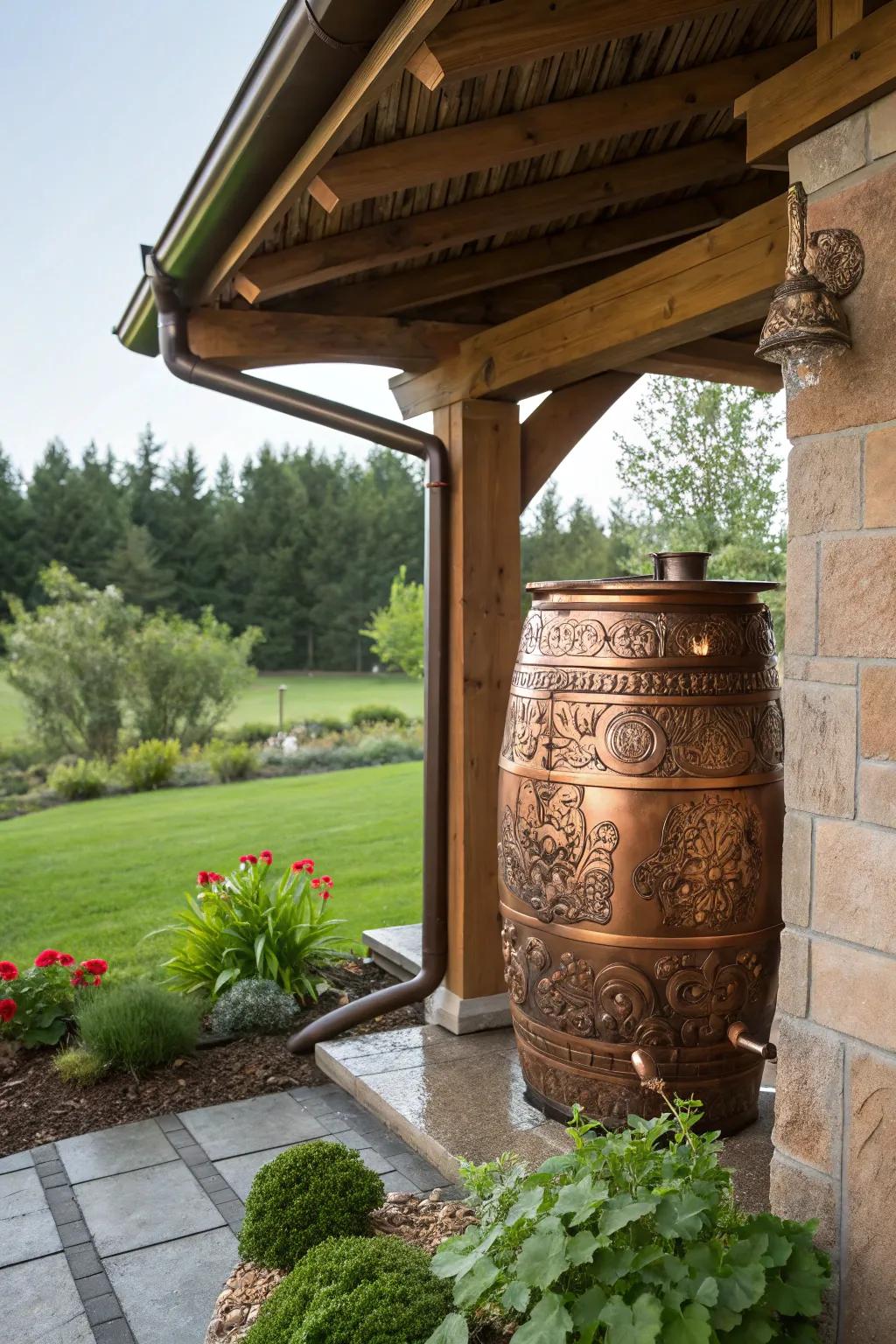 Elevate your backyard with a touch of craftsmanship—embrace sustainable elegance with a copper rainwater harvesting system.