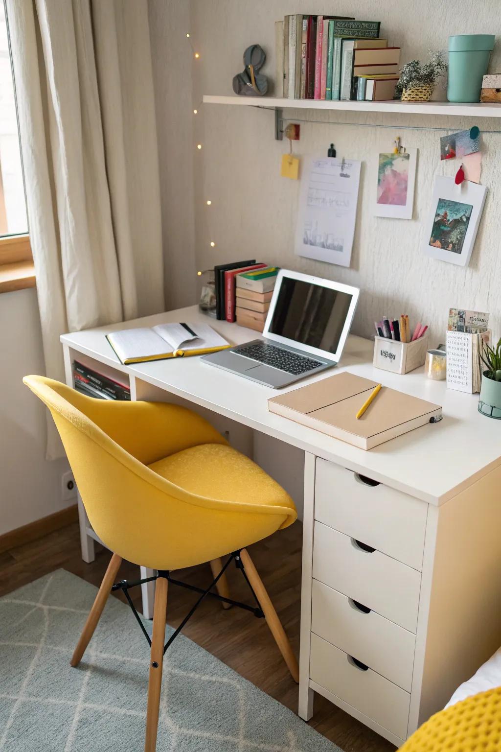 A yellow chair adds comfort and character to your study space.