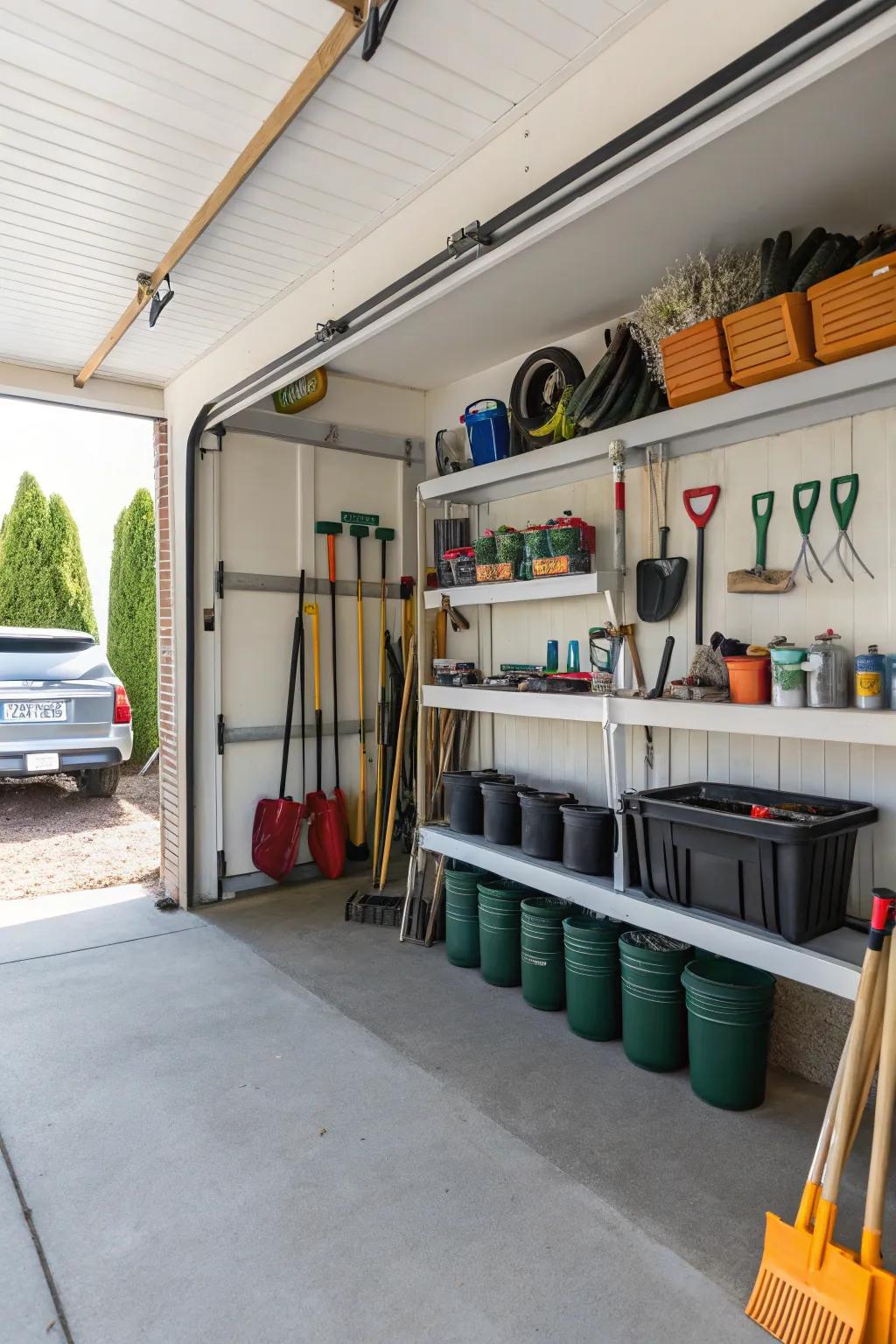 A garden shed corner keeps outdoor supplies within easy reach.