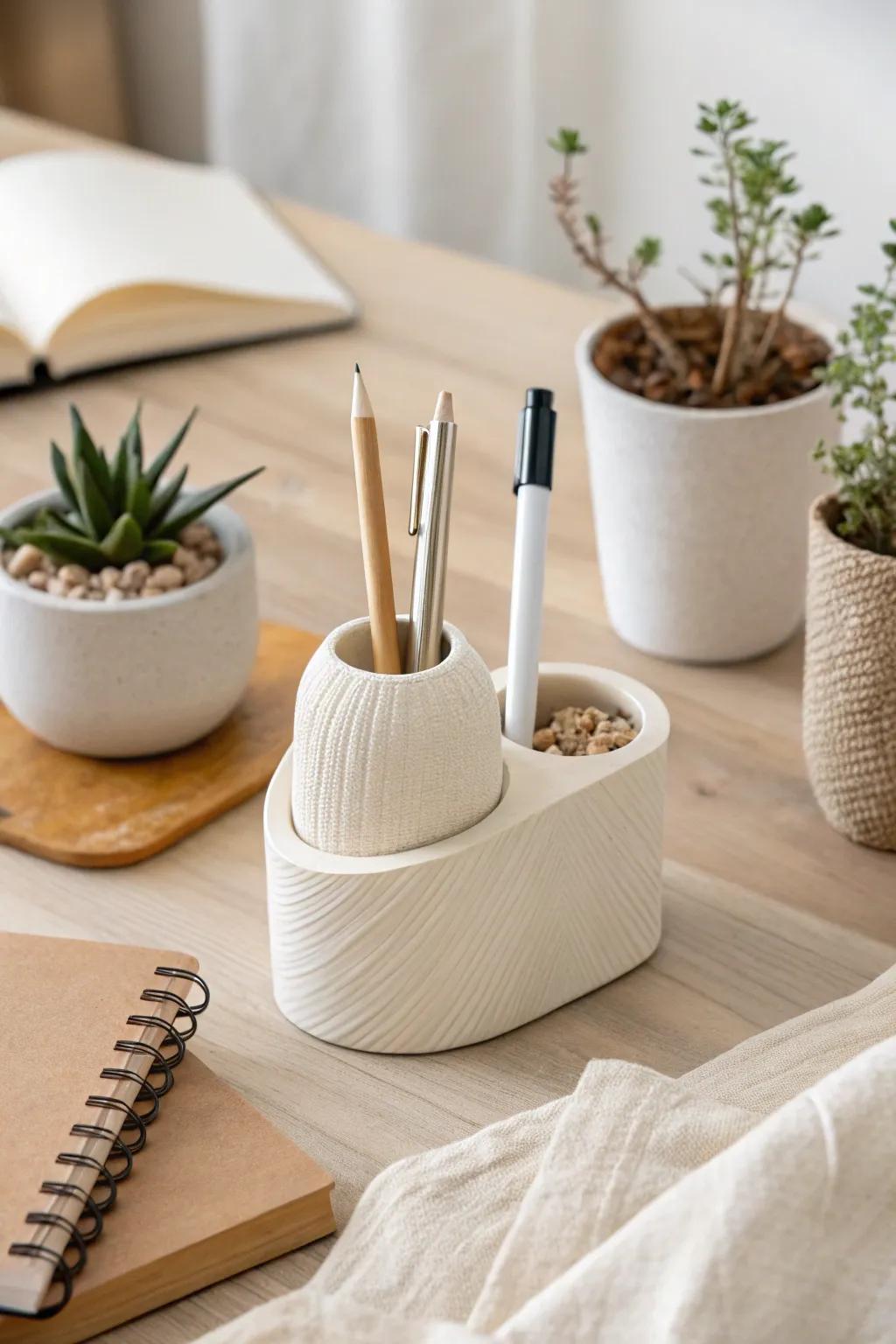 Elevate your desk with this chic 3D-printed pen holder, where simplicity meets natural beauty.