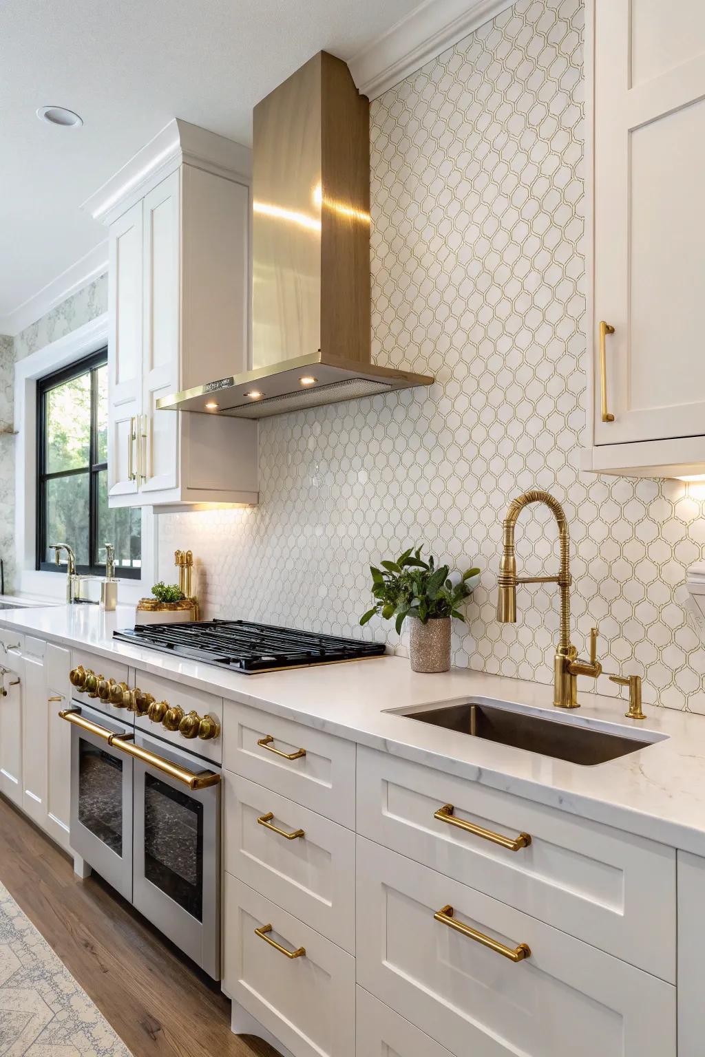 Brass fixtures complement the quartz backsplash with a warm, timeless appeal.