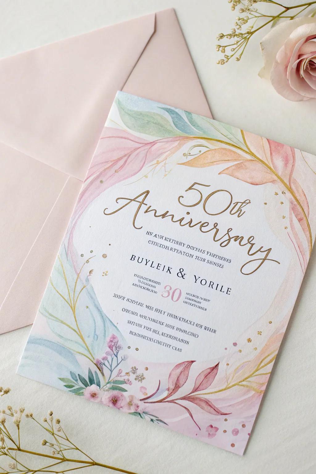 Add a dreamy touch with watercolor designed anniversary invitations.
