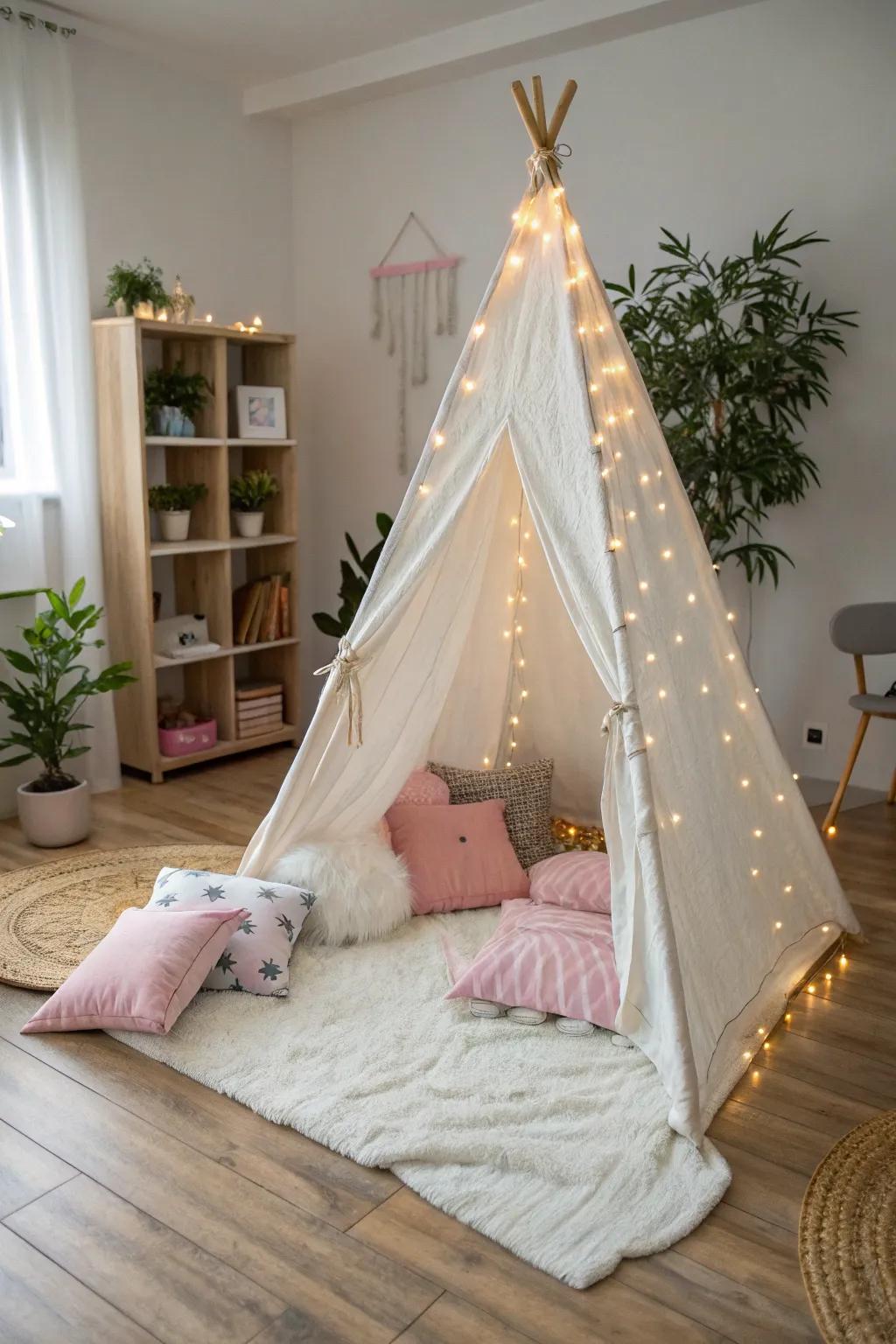 Create a magical story time retreat for your little ones with a charming tent under twinkling lights. ✨📚 #StoryTimeMagic #ScandiBohoVibes