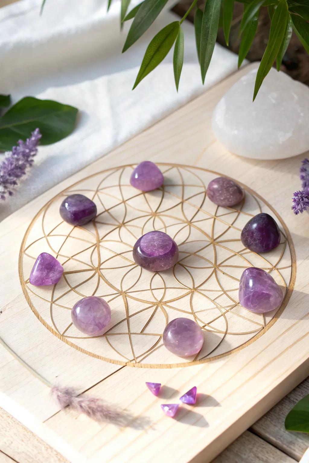 Elevate your space with the serene beauty of an amethyst crystal grid.