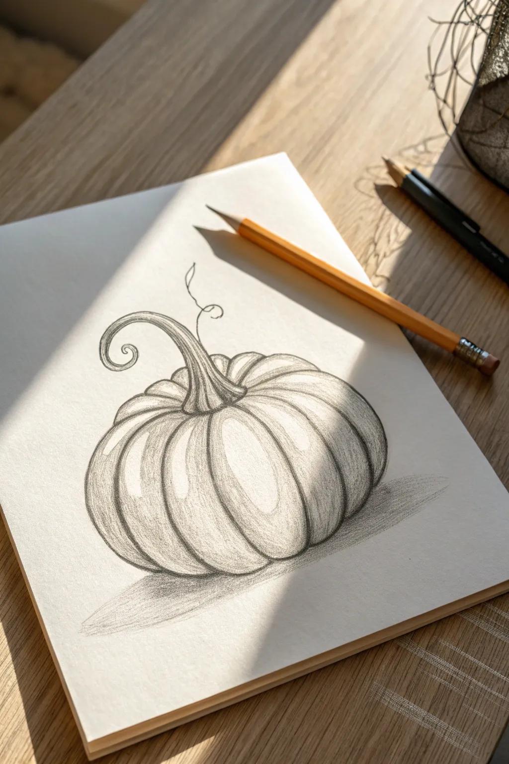 Embrace your creative journey with this minimalist pumpkin sketch, where curves and shading elegantly come to life.