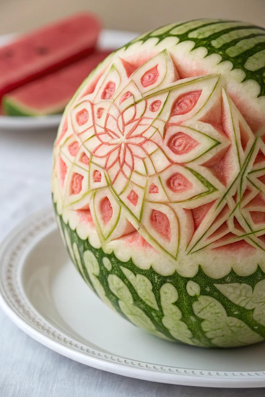 Discover the art of watermelon carving with this stunning mosaic masterpiece!