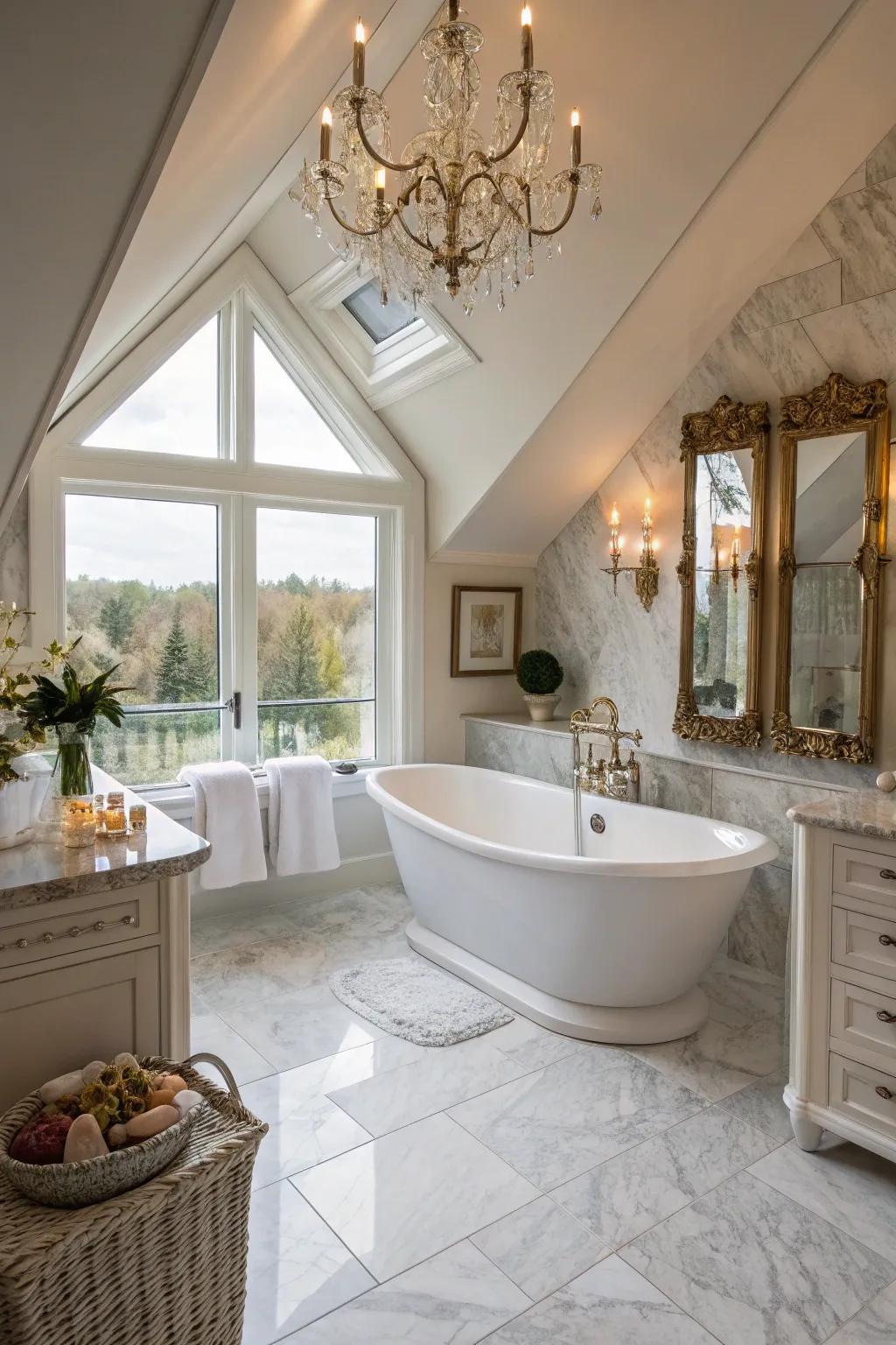A luxurious spa-like bathroom oasis in the attic.