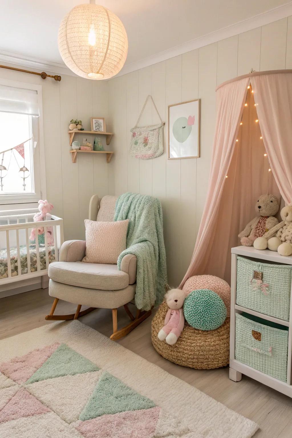 A calming color scheme enhances the nursery's tranquility.