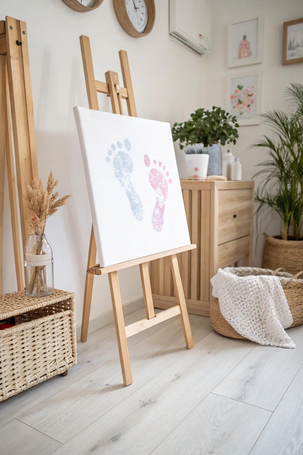 Cherish the tiniest steps with this elegant footprint art, a perfect keepsake for your nursery.