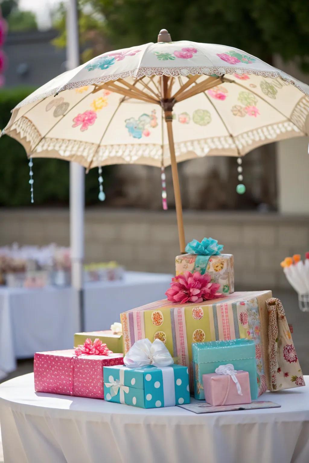 An umbrella centerpiece makes your gift table stand out.
