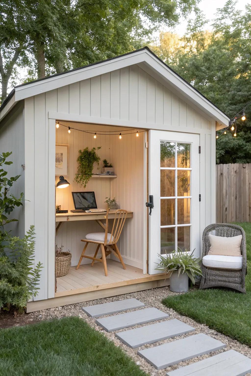Transform your backyard with a chic shed office that blends simplicity and style for the perfect work retreat.