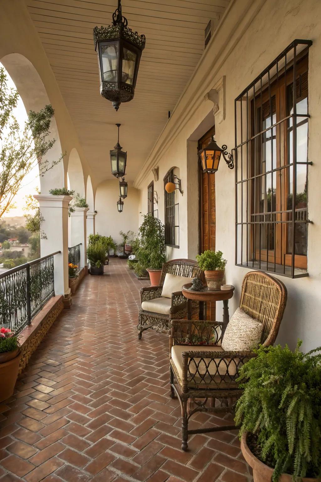Brick flooring brings timeless charm to balconies.