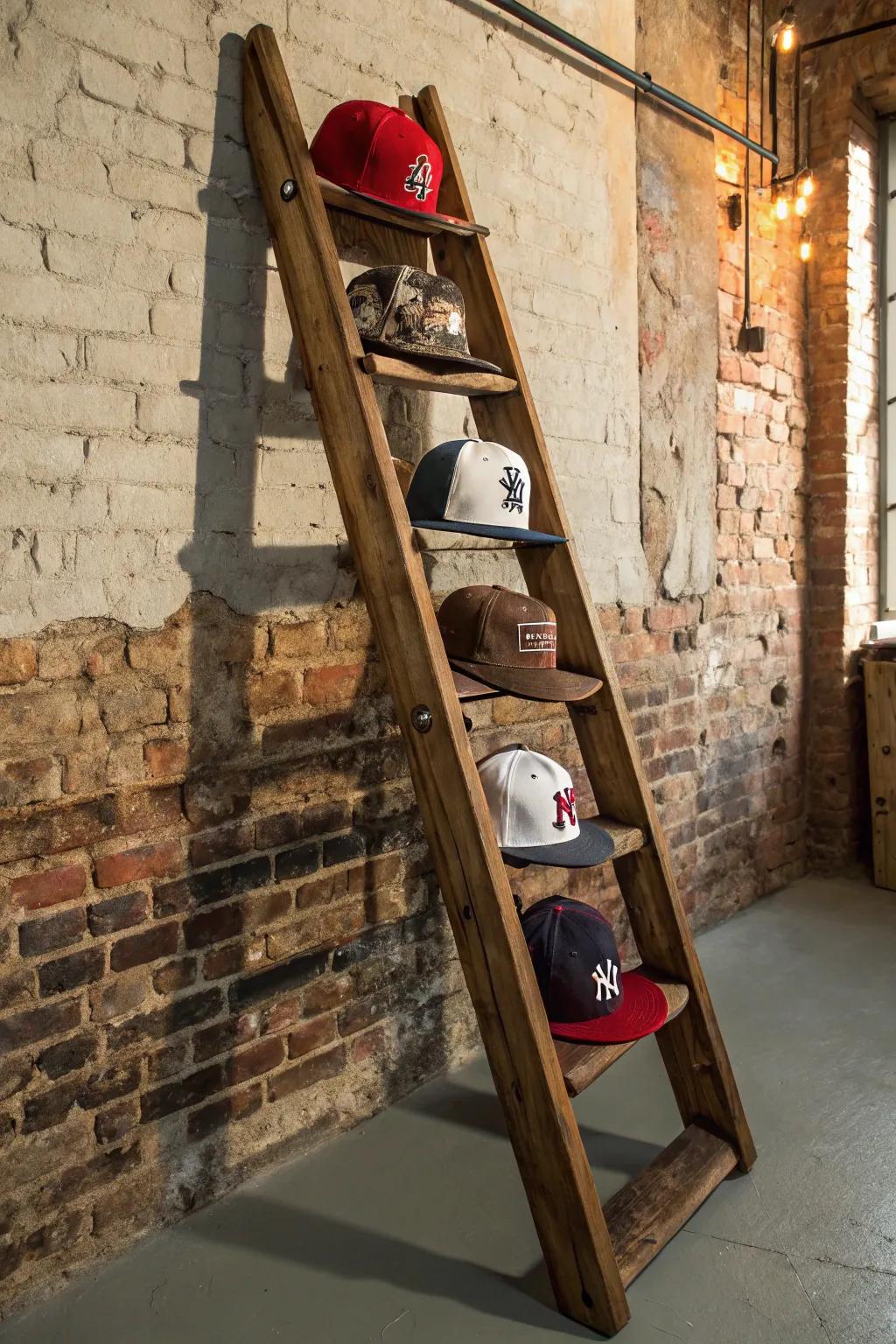 Repurpose with style: Transform a vintage ladder into a unique hat rack centerpiece.