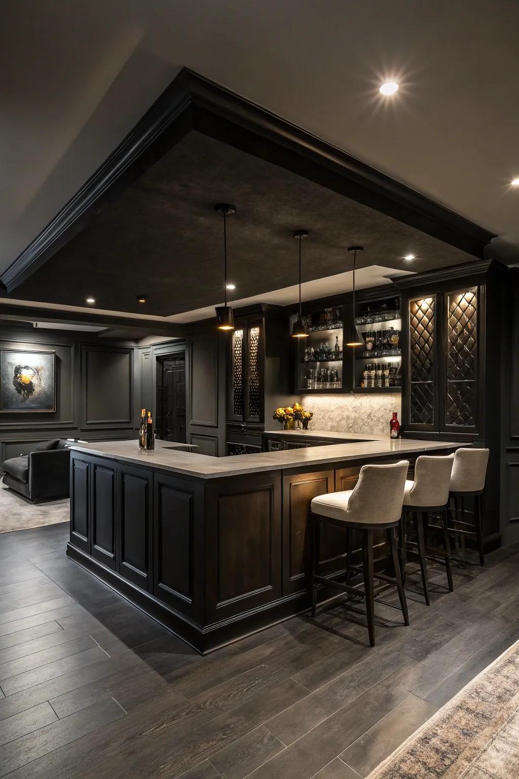 Dark tones and moody lighting add drama to your basement island.
