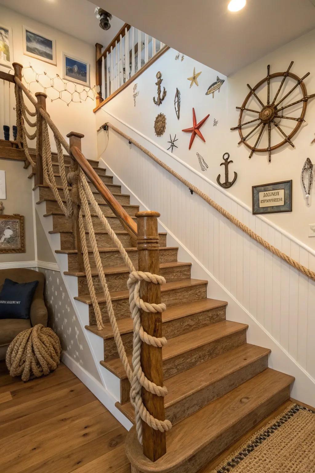 Rope railings bring a nautical flair and unique texture to basement stairs.