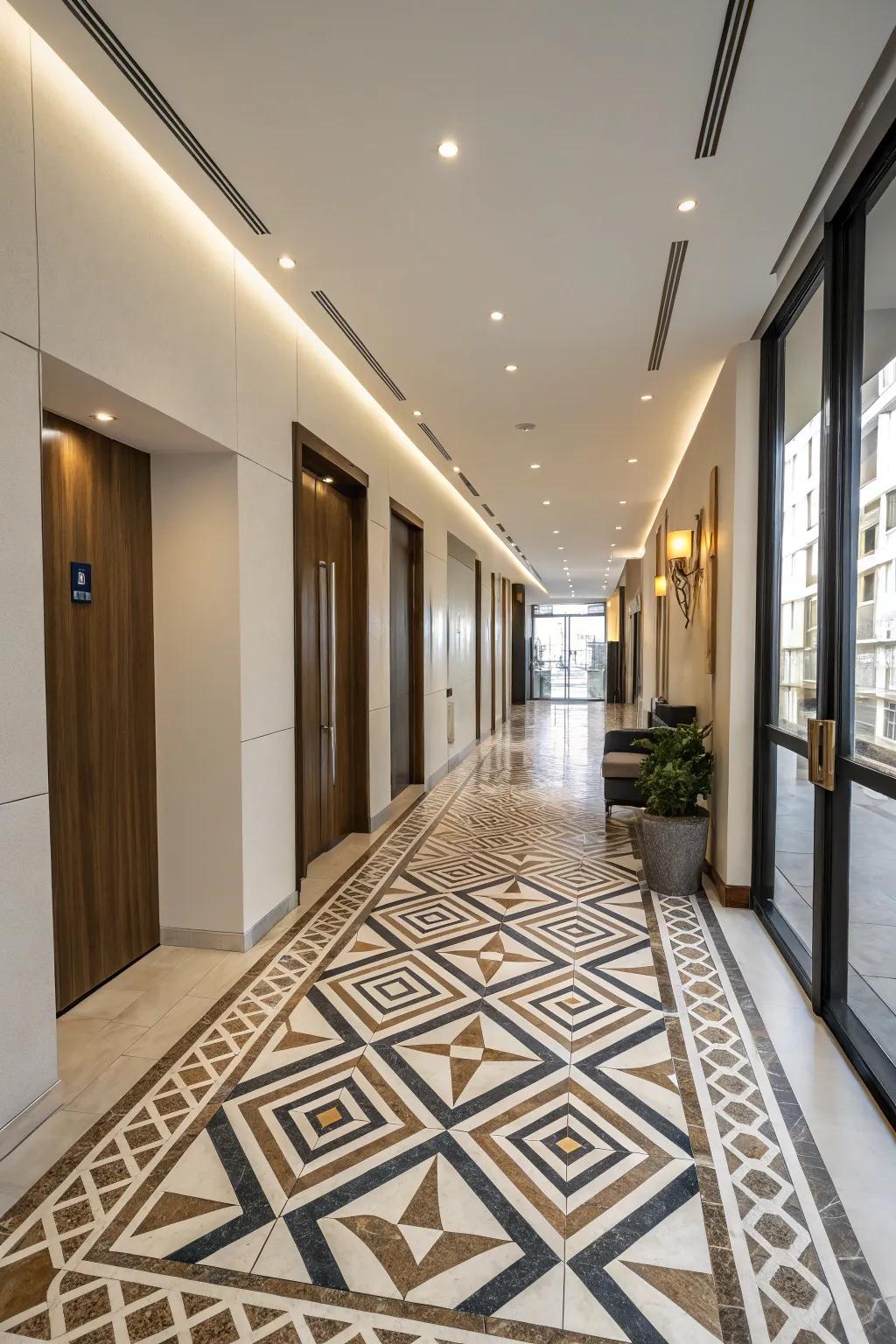 A patterned floor brings modern flair to the hallway.