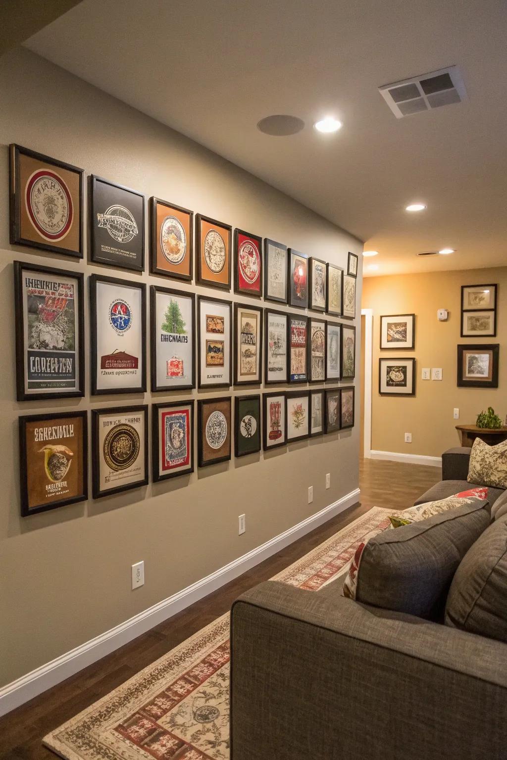 Framed beer coasters create an eclectic wall display.