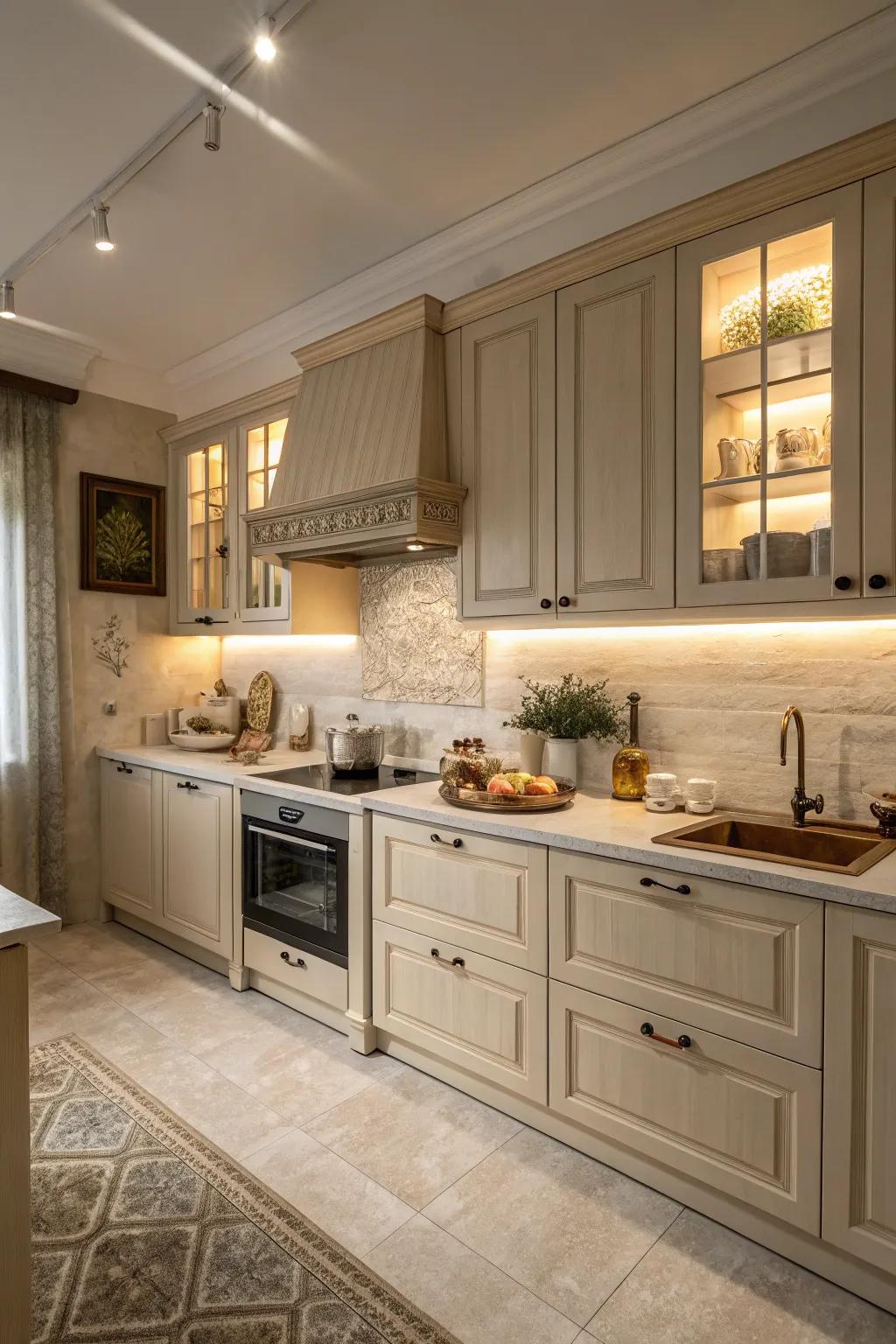 Layered neutrals add depth to a beige kitchen.
