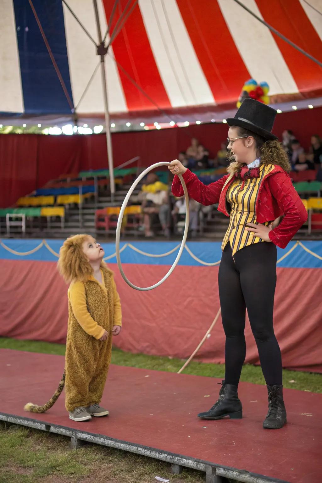 Join the circus fun with a ringmaster and her lion.