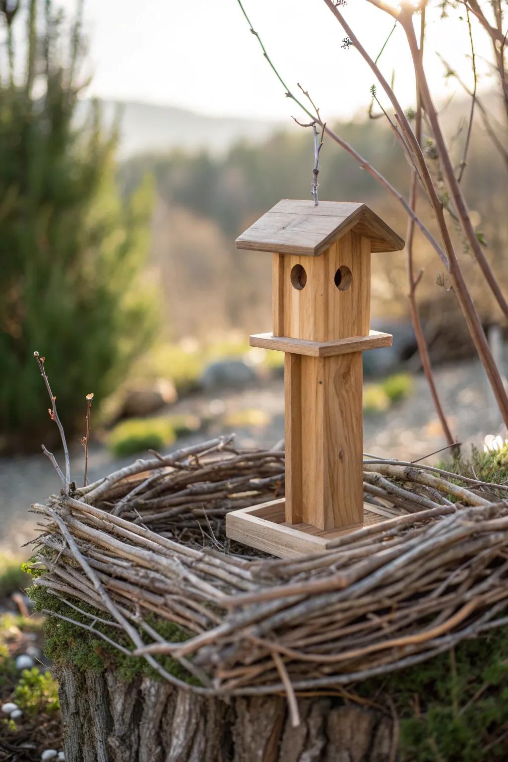 Embrace natural elegance: A bird feeder with a boho-chic brush pile shelter.