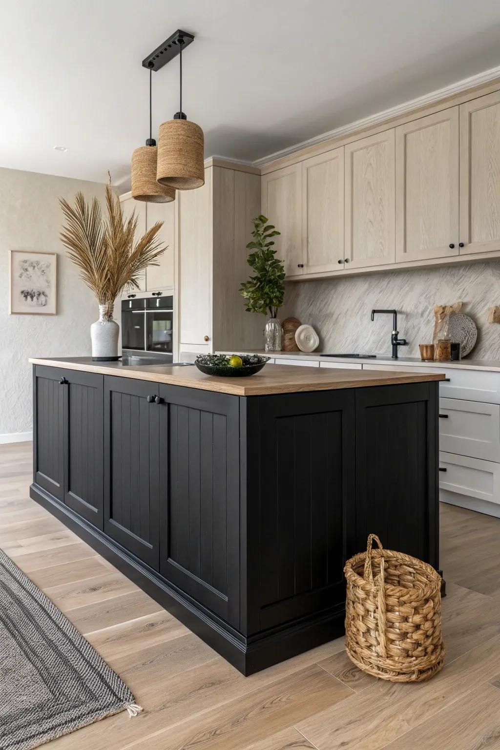 Elevate your kitchen's elegance with a bold black island centerpiece.