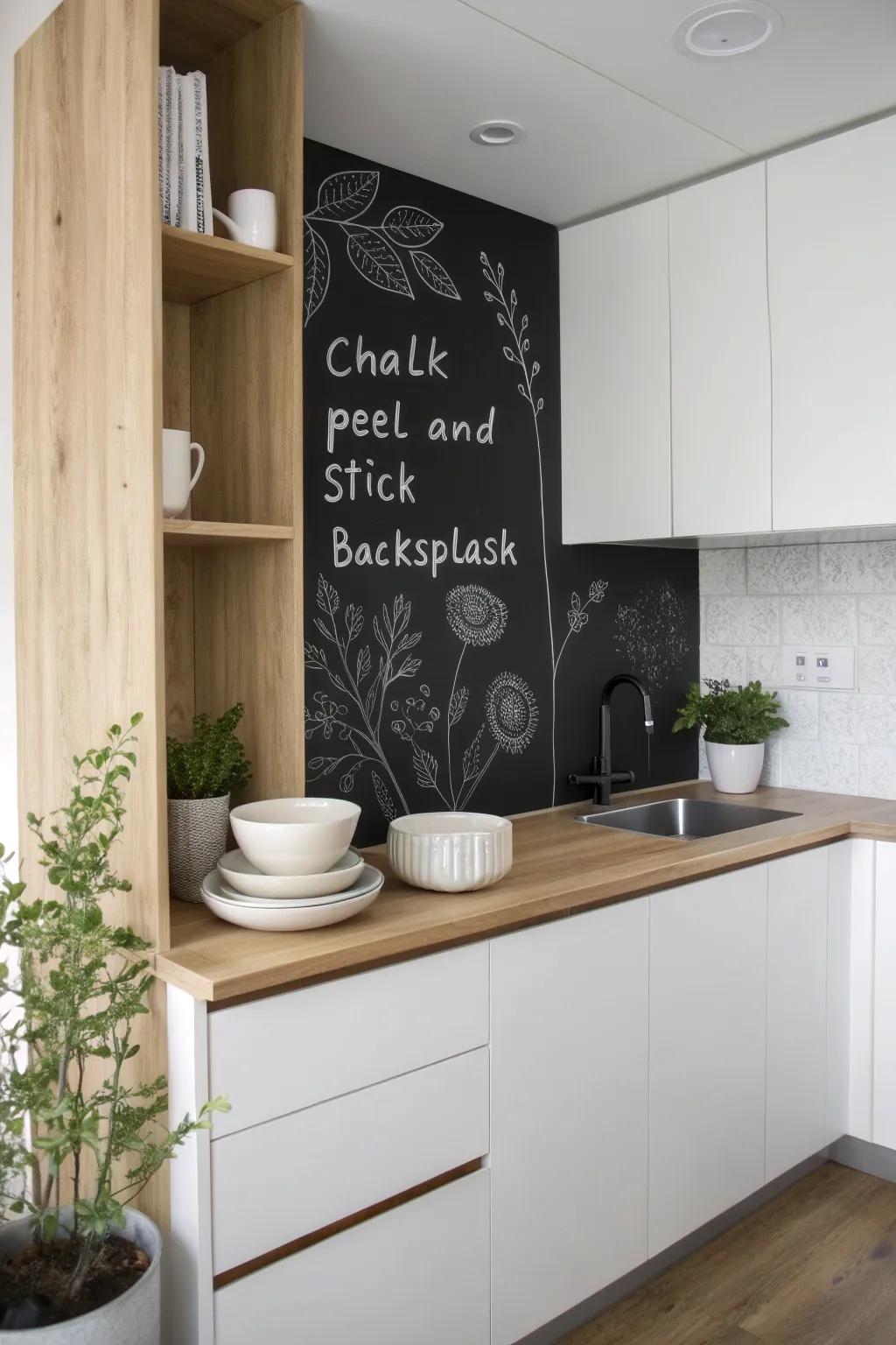 Unleash your creativity with a chalkboard backsplash—where artistry meets functionality in minimalist elegance.
