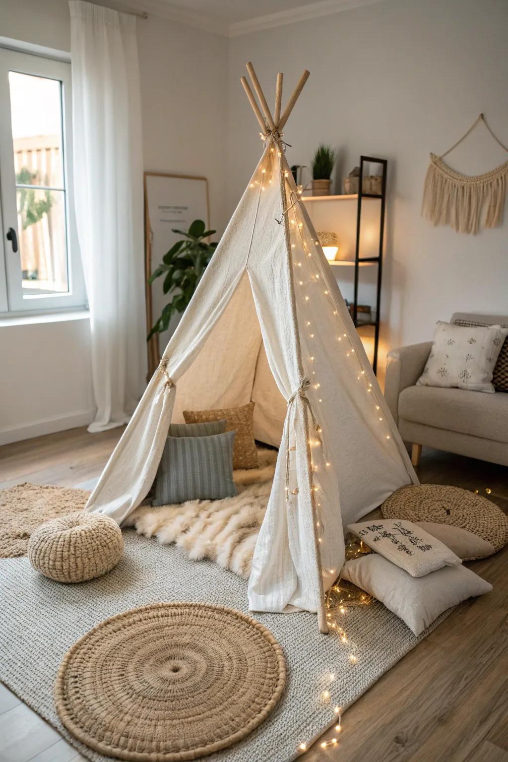 Create your own serene escape with a minimalist tent-style blanket fort—perfect for a cozy retreat at home.