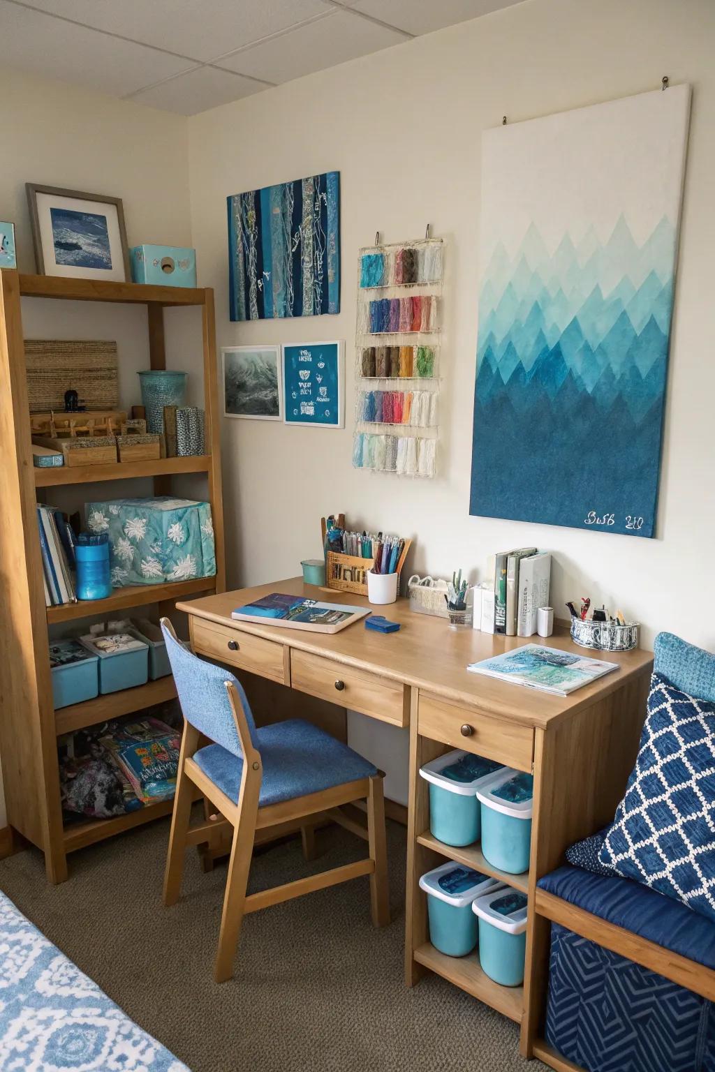 A DIY art corner adds a creative and personal touch.
