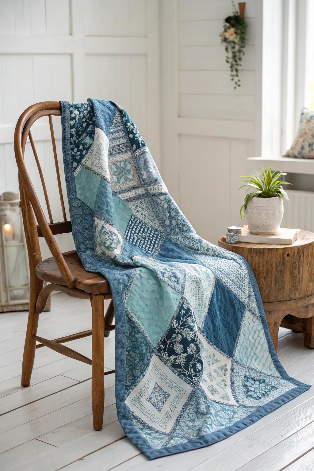 Wrap yourself in nostalgia with this exquisite blue vintage quilt, a perfect blend of history and artistry.