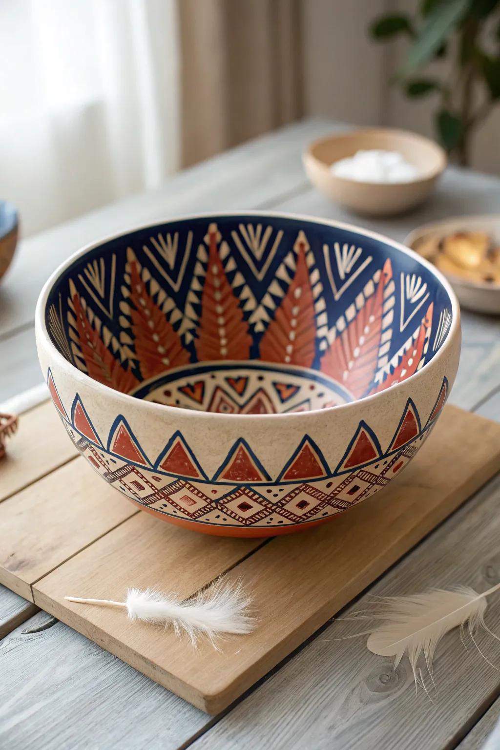 Discover the beauty of Aztec and tribal designs with this stunning hand-painted bowl, where bold colors meet geometric elegance.