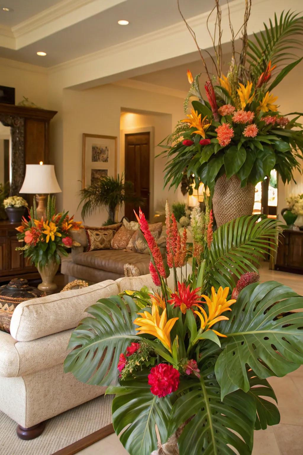 A living room blooming with vibrant tropical flowers, creating a lush and inviting atmosphere.