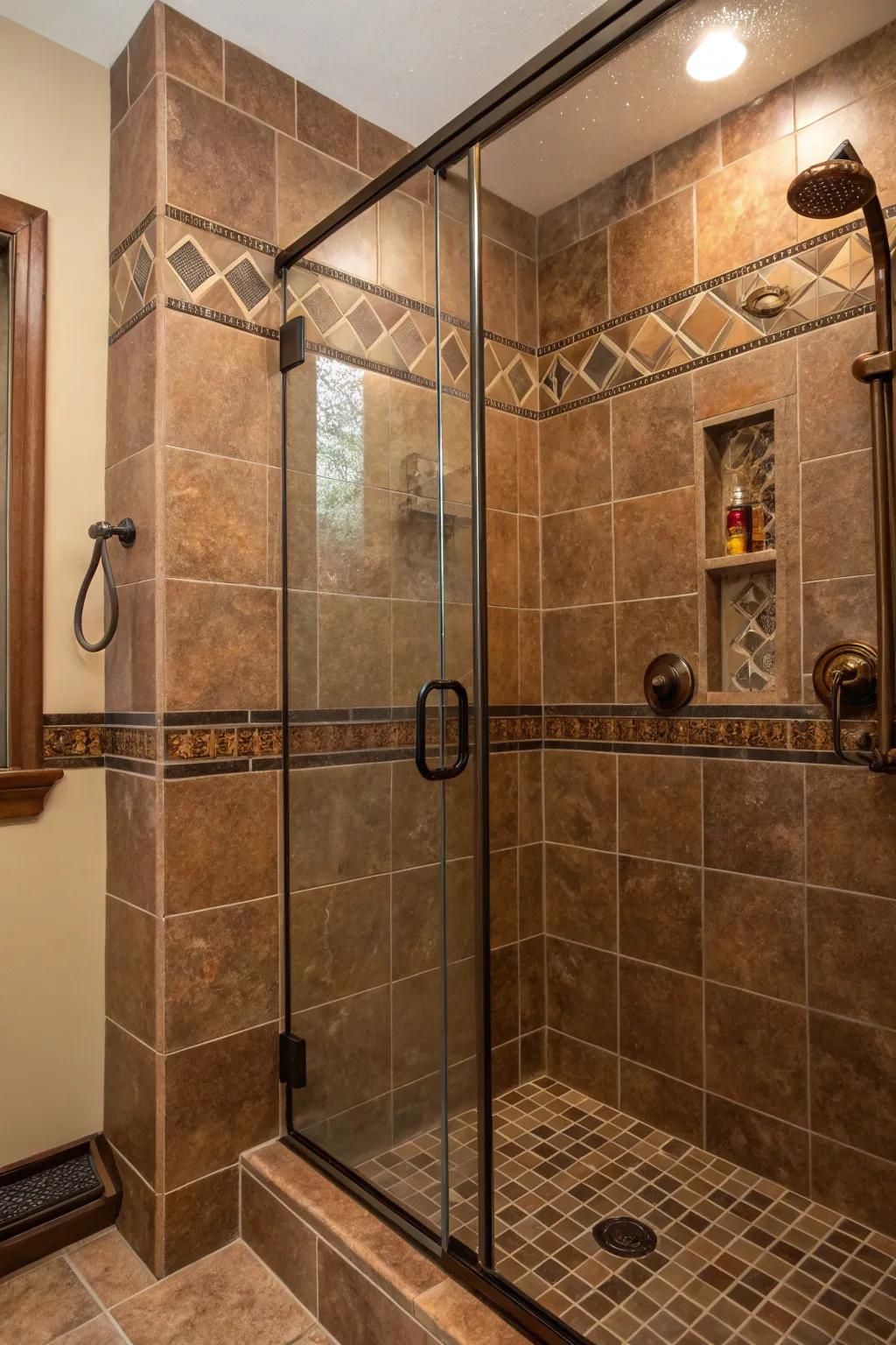 Bronze accents elevate the richness of brown tile showers.