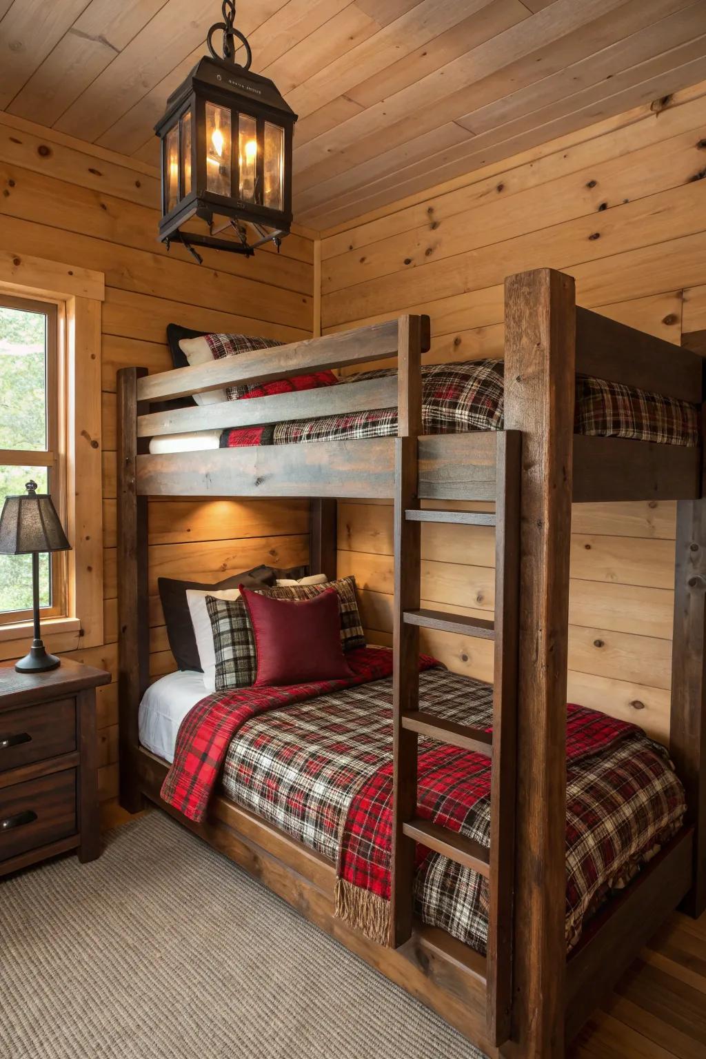 Transform your space into a cozy cabin retreat with this rustic bunk bed design.