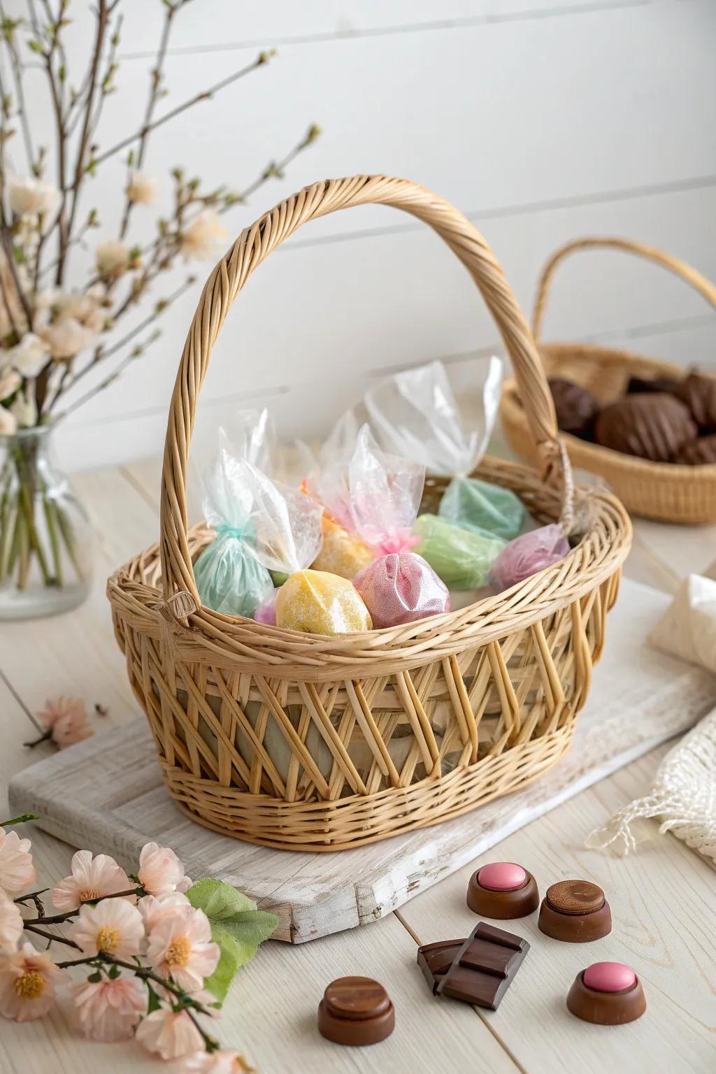 Indulge in a sweet symphony of colors with this charming basket of treats, perfect for any candy lover!