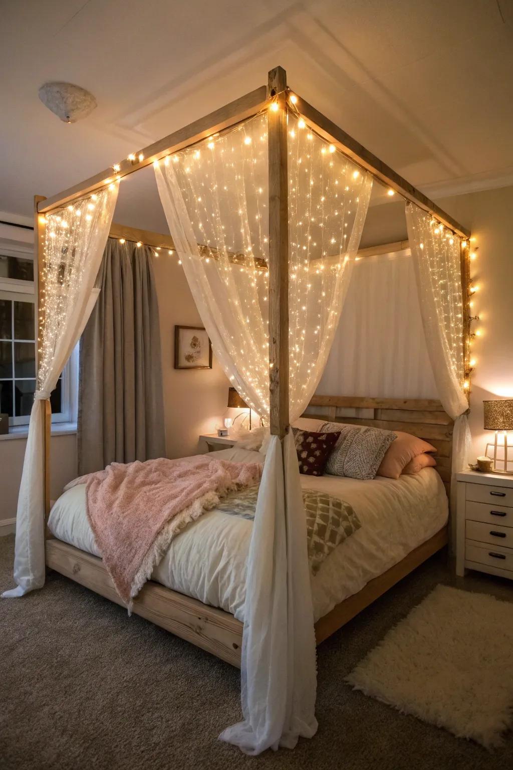 A DIY canopy with personalized lighting adds a unique touch to your bedroom.
