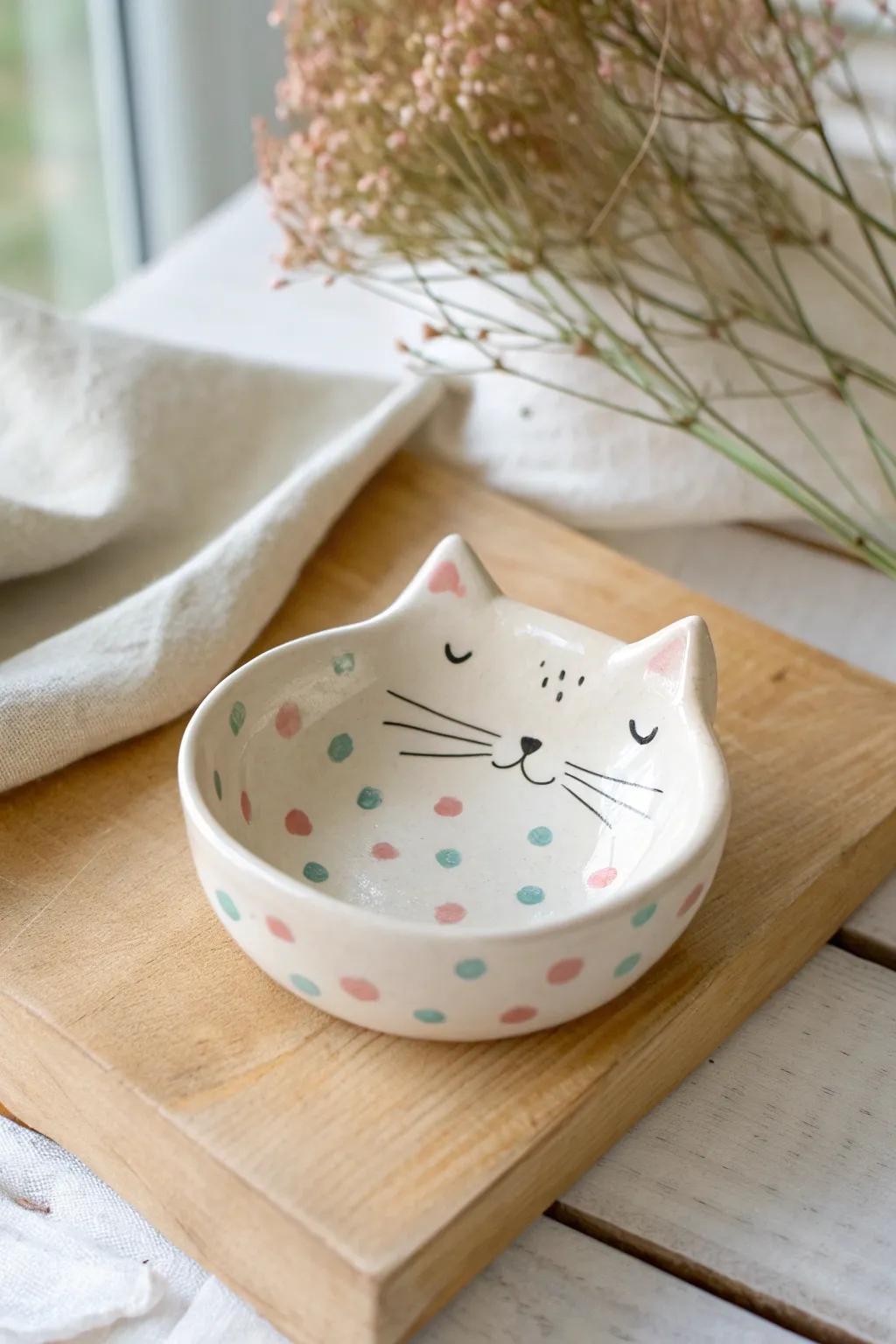 Add a dash of whimsy to your decor with this charming polka-dotted cat pinch pot!