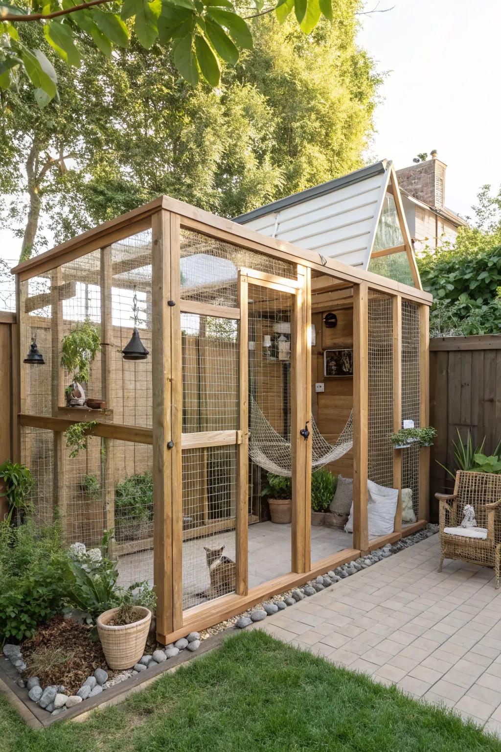 Create a serene outdoor oasis for your feline friends with a beautifully crafted freestanding catio.