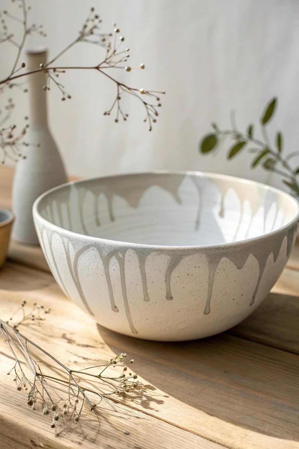 Embrace the beauty of simplicity with this striking dripping paint effect on a handmade ceramic bowl. Perfect for those who appreciate minimalist elegance.