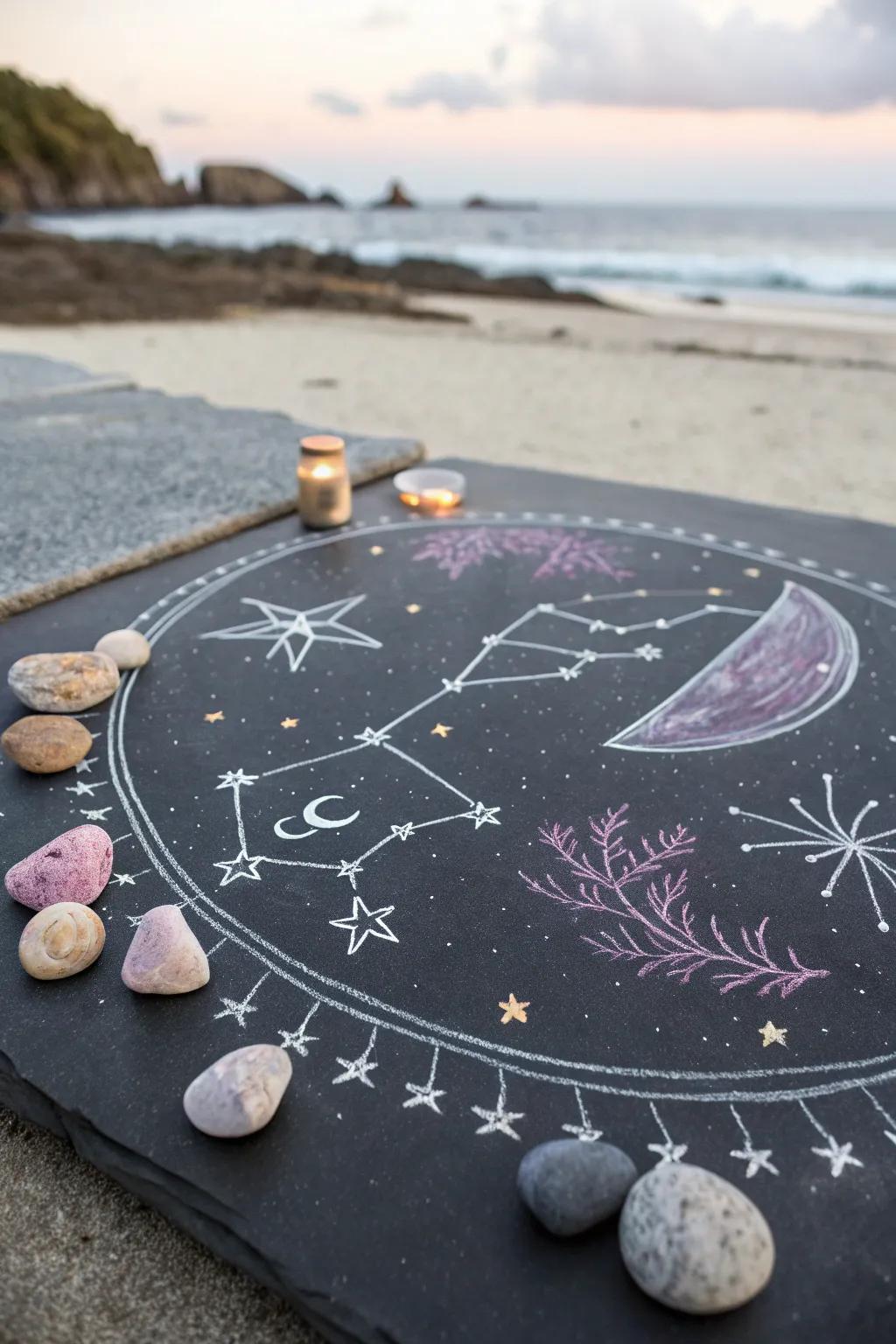 Discover tranquility in the stars with celestial chalk art elegance.