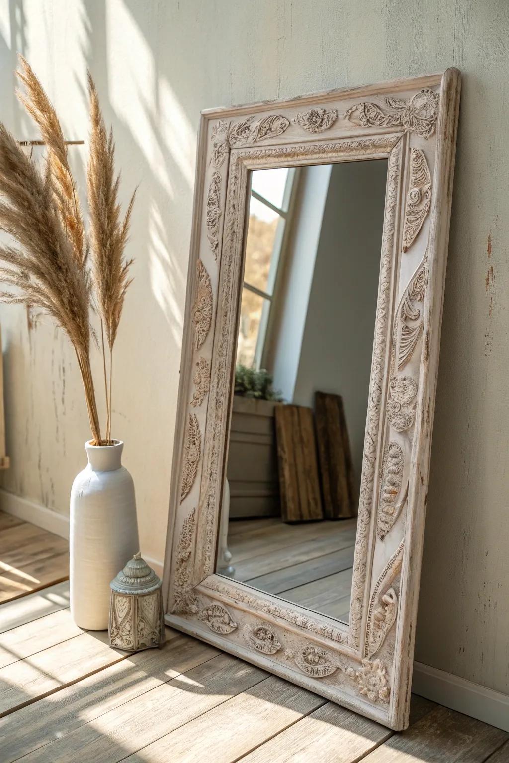 Transform your mirror frame into a shabby chic masterpiece with pastel chalk paint. A touch of elegance and simplicity for your decor.