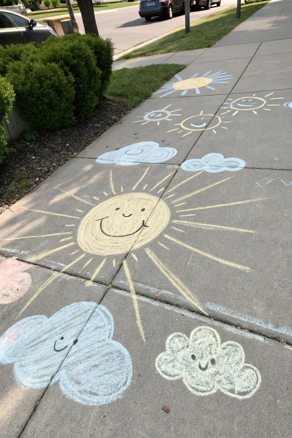 Embrace the simple joy of sunshine and clouds with this delightful chalk art.
