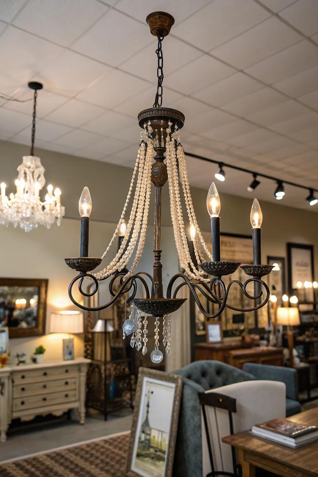 A room with an eclectic chandelier that mixes modern and vintage styles.