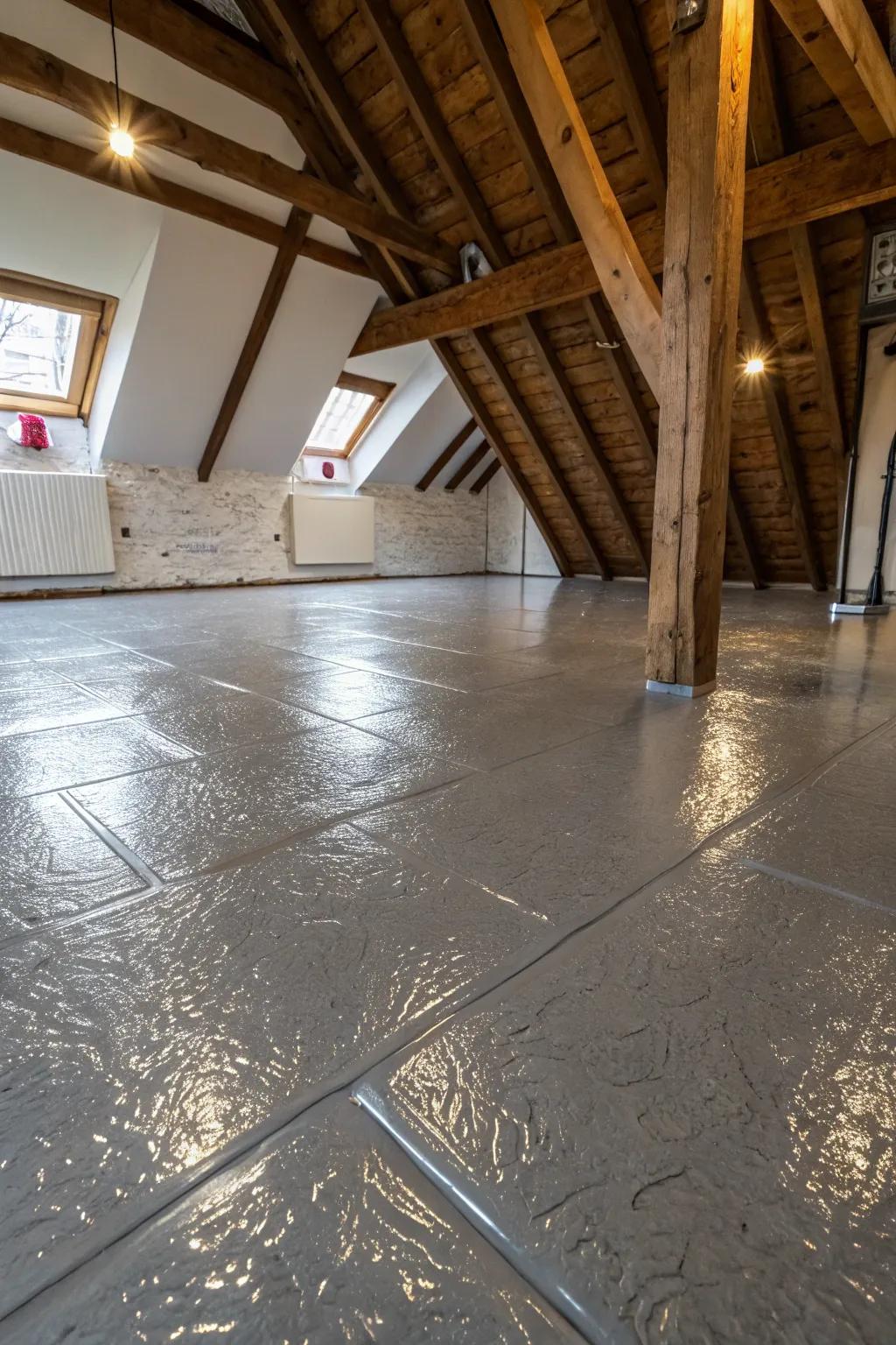 Transform your attic with the sleek elegance of an epoxy-coated floor.