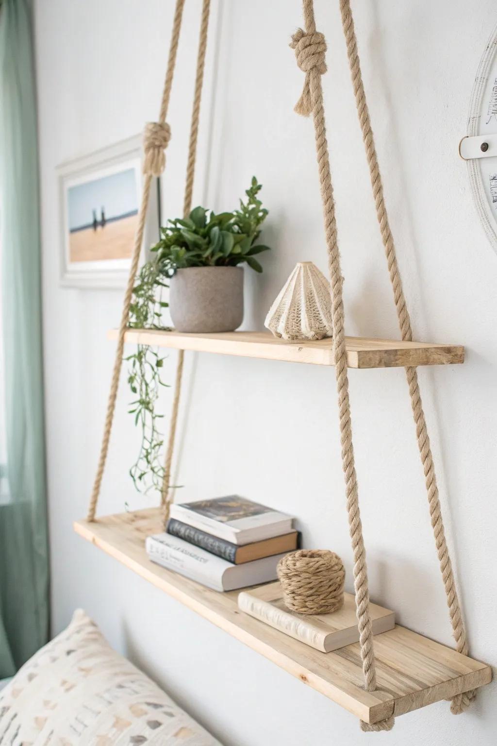 Elevate your space with this simple, beachy rope and wood bookshelf—perfect for a touch of nautical charm and minimalist elegance.