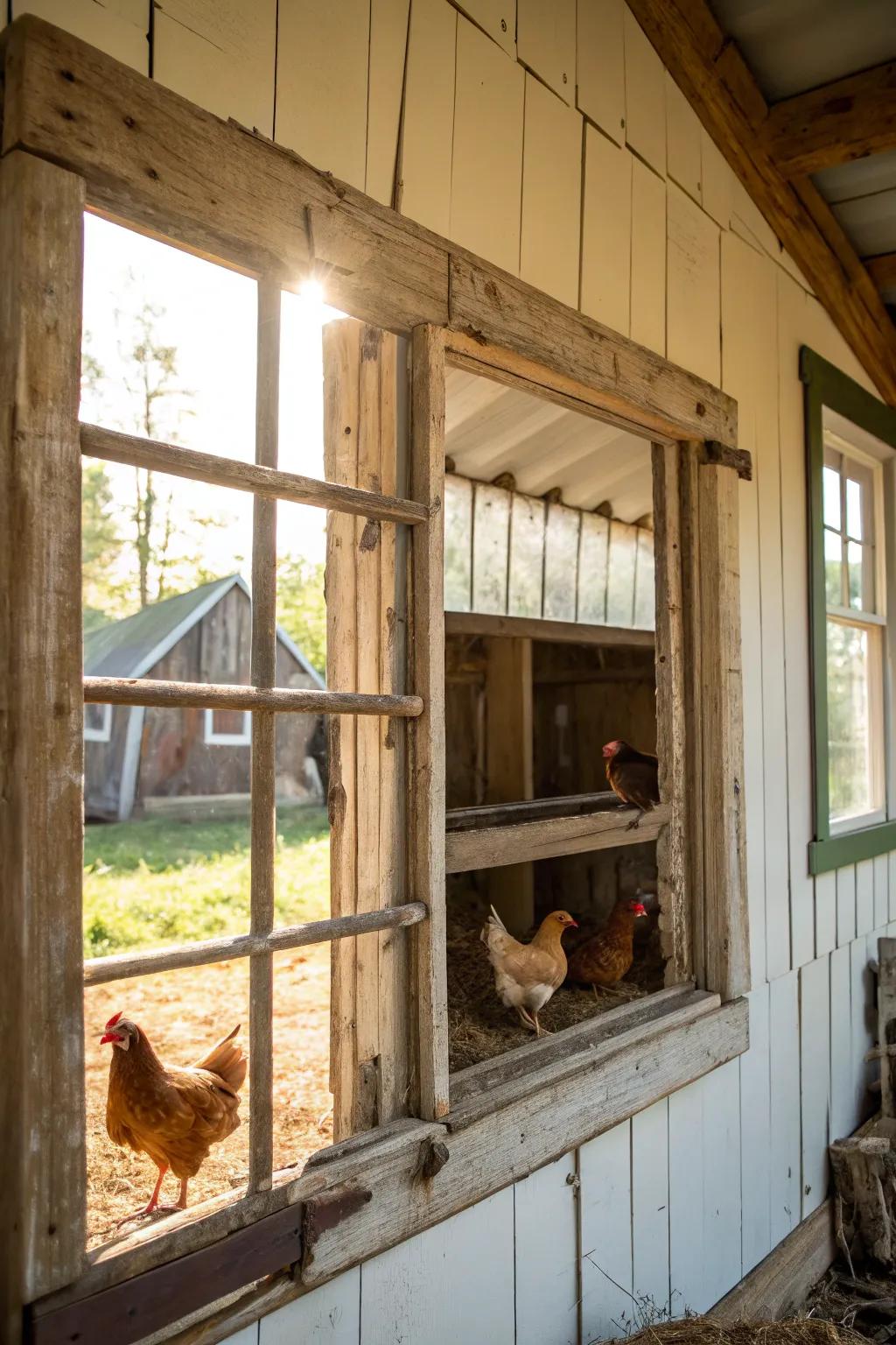 Craftsmanship at its finest: A rustic window frame transformed into the perfect chicken roost.